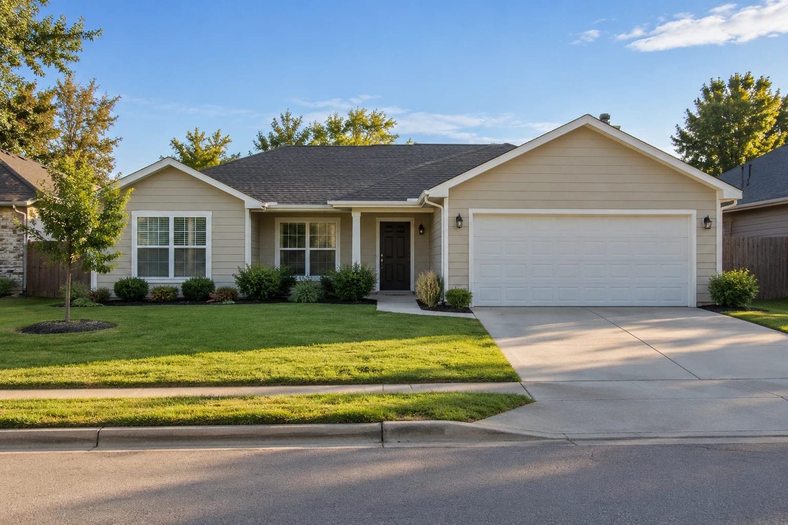 A single-story home with a two-car garage on a sunny afternoon